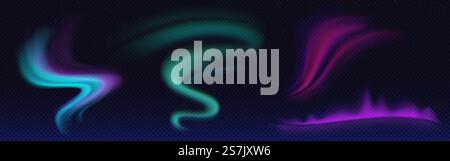 aurora boreale artica, luci polari, fenomeni naturali settentrionali isolati su sfondo scuro. Incredibile illuminazione ondulata brillante e iridescente sul cielo notturno. Illustrazione vettoriale 3d realistica, set. aurora boreale artica, aurora boreale polare Illustrazione Vettoriale