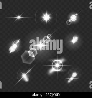 L'obiettivo realistico illumina le stelle e illumina gli elementi bianchi illustrazione vettoriale trasparente di sfondo Illustrazione Vettoriale