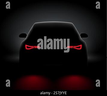 Vista posteriore dell'auto, luce notturna, vista realistica a LED posteriore. Concetto di luce per auto su sfondo buio di notte.. Vista posteriore dell'auto, luce notturna, vista realistica a LED posteriore. Concetto di luce auto su sfondo buio notturno Illustrazione Vettoriale