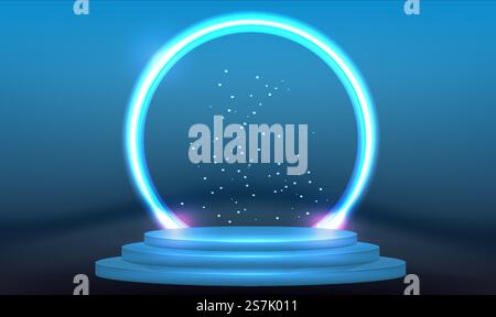 Fantastico, moderno e futuristico cerchio blu neon, portale in fumo. Palco per piattaforma leggera del prodotto. Design della schermata dell'interfaccia utente, dell'HUD vettoriale circolare, dell'interfaccia GUI. Podio di teletrasporto Magic Circle. Hi-tec digitale fantascientifico Illustrazione Vettoriale