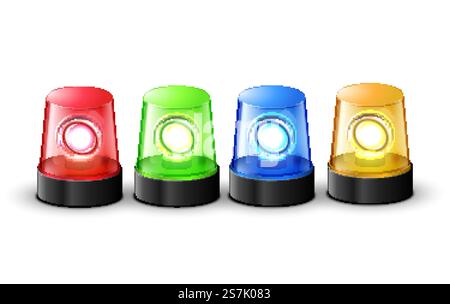 Allarme rosso verde blu e giallo lampeggiante della polizia. Equipaggiamento di emergenza della sirena leggera della polizia. Segnalatore di pericolo flash ambulanza. Allarme rosso verde blu e giallo lampeggiante della polizia. Equipaggiamento di emergenza della sirena leggera della polizia. Segnalatore di pericolo flash ambulanza Illustrazione Vettoriale