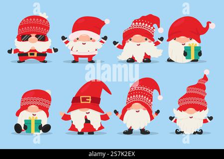 Gli gnomi nani indossano abiti e cappelli rossi per celebrare il Natale in inverno. Illustrazione Vettoriale