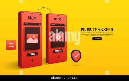 Informazioni sul trasferimento di file e sulla trasmissione dei dati, condivisione di file online tramite applicazione per smartphone Illustrazione Vettoriale
