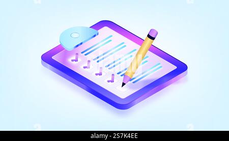 Elenco di controllo su un foglio di appunti. Completamento riuscito delle attività aziendali. Illustrazioni isometriche sfumatura 3D. Adatto per ui, ux, Web, dispositivi mobili, banner e infografica. Illustrazione Vettoriale