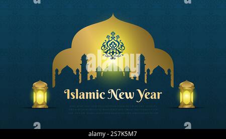 Nuovo anno islamico Happy muharram sfondo blu elegante con ornamenti dorati Illustrazione Vettoriale
