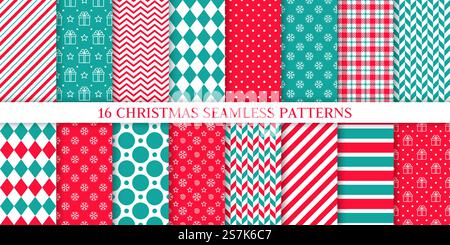 Motivo natalizio senza cuciture. Natale, inizio anno nuovo. Vettore. Texture infinita con striscia di canna da zucchero, confezione regalo, polka, fiocco di neve, zigzag. Stampe natalizie. Impostare la carta da imballaggio. Illustrazione rossa e blu Illustrazione Vettoriale