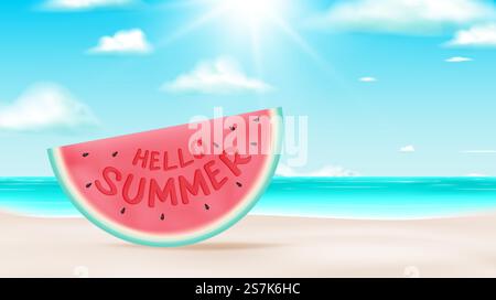 Buongiorno estate con anguria e sfondo da spiaggia in grazioso stile artistico 3d e illustrazione vettoriale con schema di colori pastello Illustrazione Vettoriale