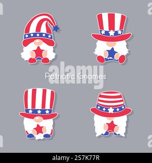Gli gnomi patriottici indossano un cappello decorato con le stelle rosse e blu della bandiera americana. Illustrazione Vettoriale