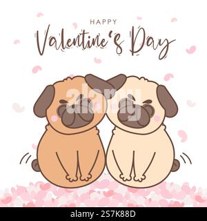 coppia amore per il cane cucciolo con mini cuore per san valentino, illustrazioni disegnate a mano, personaggio dei cartoni animati. Illustrazione Vettoriale