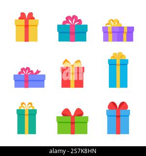 Confezione regalo di Natale. Scatole regalo decorate con fiocchi a nastro per regalarti un momento speciale. Illustrazione Vettoriale