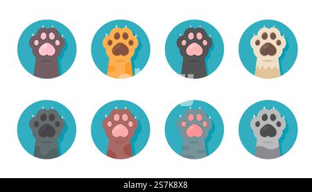 Zampa di gatto set di specie diverse simpatici cuccioli a mano isolati dallo sfondo. Illustrazione Vettoriale