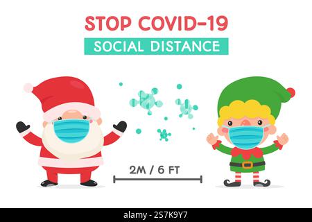 Babbo Natale e elfo in abbigliamento invernale e maschere hanno avvertito della distanza sociale durante l'inverno di Natale Illustrazione Vettoriale