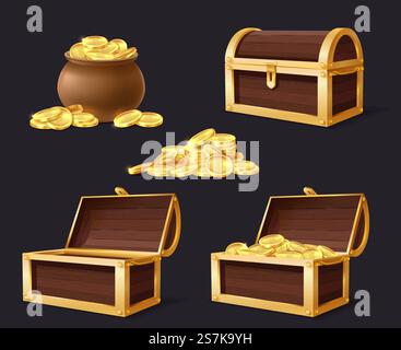 Cassa con monete d'oro. Petto, borsa e pila con casse vuote chiuse e aperte in oro per applicazioni di gioco, set vettoriale isolato cartoni animati. Cassa con monete d'oro. Petto, borsa e pila di petti dorati, chiusi e aperti per set vettoriali di cartoni animati per applicazioni di gioco Illustrazione Vettoriale