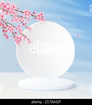 Sfondo minimalista con piedistallo vuoto cilindrico e parete rotonda. Piattaforma espositiva con fiori rosa decorativi e cielo blu. Illustrazione Vettoriale