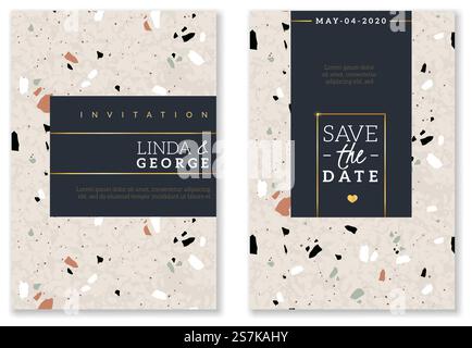Biglietto d'invito per matrimoni sul terrazzo. Design astratto di volantini nuziali, data e nome di salvataggio, struttura in pietra e marmo, set di modelli vettoriali di annuncio della copertina. Biglietto d'invito per matrimoni sul terrazzo. Design astratto di volantini nuziali, data e nome di salvataggio, struttura in pietra e marmo, set vettoriale di annuncio della copertina Illustrazione Vettoriale