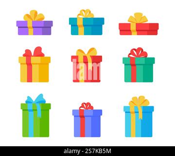 Confezione regalo di Natale. Scatole regalo decorate con fiocchi a nastro per regalarti un momento speciale. Illustrazione Vettoriale