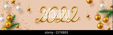 Banner felice anno nuovo 2022. Scrivere a mano numeri metallici dorati 2022 con tinsel, rami di pino e palla appesa su sfondo beige. Illustrazione vettoriale. Banner felice anno nuovo 2022. Illustrazione Vettoriale