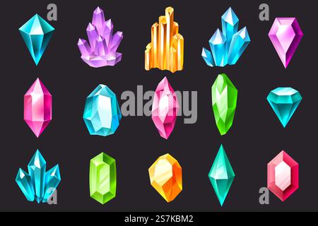 Cristalli di cartoni animati. Gioielli colorati, pietre preziose, stalagmiti e stalattiti di lusso in cristallo. Set di vettori di pietre preziose al quarzo, zaffiro e ametista. Cristalli di cartoni animati. Gioielli colorati, pietre preziose, stalagmiti e stalattiti di cristallo. Set di vettori di quarzo, zaffiro e ametista Illustrazione Vettoriale