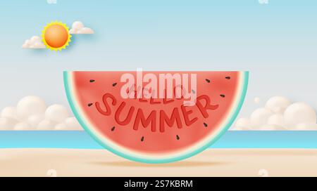 Buongiorno estate con anguria e sfondo da spiaggia in grazioso stile artistico 3d e illustrazione vettoriale con schema di colori pastello Illustrazione Vettoriale