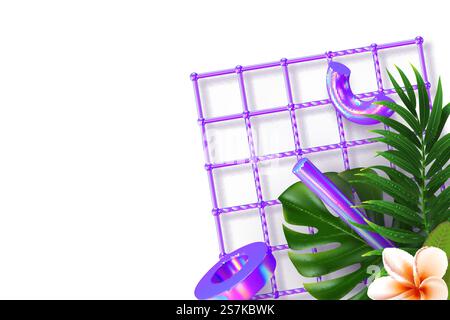 Striscione minimale con rendering 3d di primitive e foglie tropicali, plumeria. forme geometriche 3d in colori viola iridescenti. Sfondo estivo astratto. Illustrazione vettoriale. Design estetico minimalista. Illustrazione Vettoriale