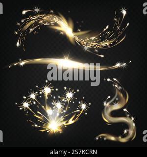 Scintille brucianti, scintille di saldatura dei metalli, fuochi d'artificio ed effetti di luce pirotecnici. Illustrazione vettoriale realistica 3d isolata su sfondo trasparente. Elementi decorativi per feste natalizie. Fuochi d'artificio che bruciano particelle realistiche set vettoriale Illustrazione Vettoriale