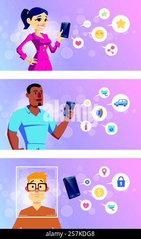 App per smartphone per social network, tecnologie intelligenti, servizi bancari online e banner vettoriali di navigazione. Donna asiatica, uomini afroamericani e caucasici che tengono il telefono in mano nell'illustrazione. Cellulare che utilizza il concept set di vettori dei cartoni animati Illustrazione Vettoriale