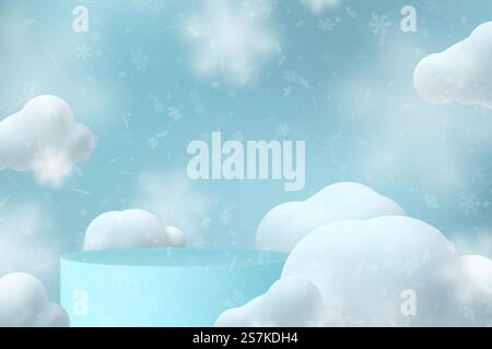 Banner natalizio con podio 3d, nuvole, fiocchi di neve cadenti. Anno nuovo, sfondo invernale. Illustrazione vettoriale. Banner natalizio. Illustrazione Vettoriale