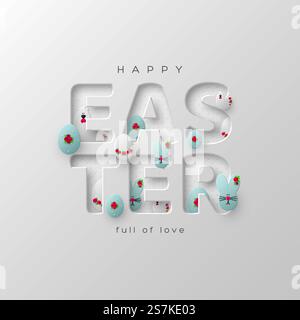 Biglietto d'auguri per le vacanze di Pasqua. lettere tagliate in carta 3d con uova, coniglietti e galline decorate con fiori. Sfondo bianco. Illustrazione vettoriale. Biglietto d'auguri per le vacanze di Pasqua. Illustrazione Vettoriale
