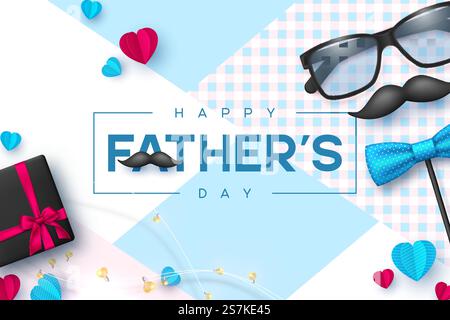 Banner per la festa del papà con occhiali, papillon, baffi, confezione regalo e cuori. Elementi decorativi di stile realistico con testo di benvenuto. Modello promozionale vettoriale. Banner per la festa dei padri. Illustrazione Vettoriale