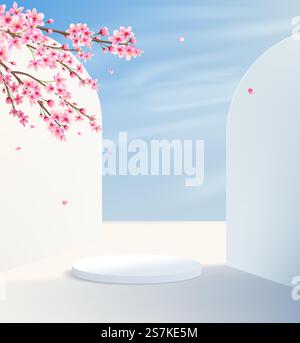 Sfondo minimalista con piedistallo sullo sfondo di pareti bianche e cielo estivo. Piattaforma espositiva con fiori rosa decorativi. Illustrazione Vettoriale