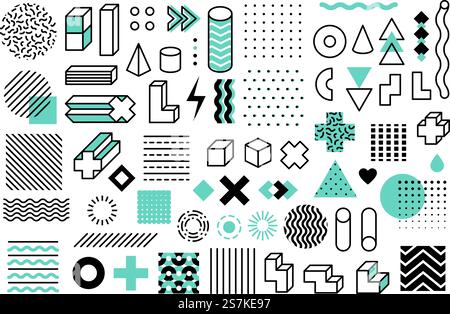 Forme geometriche. Simboli grafici universali in stile memphis. Linee cerchio, griglia e punti, triangolo e cubi elementi di design serie di strisce ornamentali vettoriali. Forme geometriche. Simboli grafici universali in stile memphis. Linee cerchio, griglia e punti, triangolo e cubi elementi di disegno insieme vettoriale Illustrazione Vettoriale
