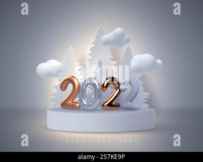 Cartello di Capodanno 2022. oro metallico 3d o rame con numeri blu sul podio con abete e nuvole. Illustrazione vettoriale. Cartello di Capodanno 2022. Illustrazione Vettoriale