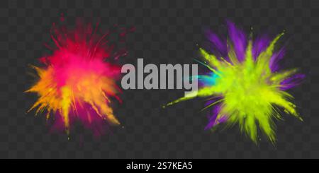Vernici Powder Holi isolate su sfondo trasparente nuvole colorate o esplosioni, spruzzi d'inchiostro, coloranti decorativi vivaci per festival, feste tradizionali indiane. Illustrazione vettoriale 3d realistica. Set di vernici in polvere Holi isolato, colorante per festival Illustrazione Vettoriale