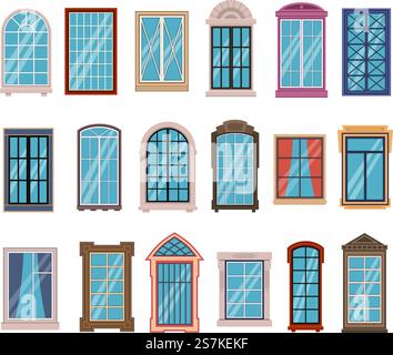 Telai per finestre piatte. Colorate varie cornici in legno e plastica per finestre con davanzali, pareti architettoniche esterne esterne per costruzioni ad arco in legno con elementi vettoriali. Telai per finestre piatte. Colorate varie cornici in legno e plastica per finestre con davanzali ed elementi vettoriali architettonici esterni per le pareti delle case Illustrazione Vettoriale