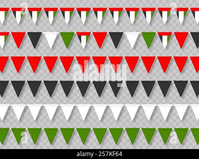 Set di bandiere accatastate degli Emirati Arabi Uniti in colori tradizionali. Elementi decorativi realistici per le feste nazionali. Isolato su sfondo trasparente. Illustrazione vettoriale. Set di bandiere di grappolo degli Emirati Arabi Uniti. Illustrazione Vettoriale
