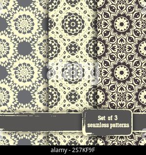 Set di disegni di mandala senza cuciture disegnati a mano. Elementi vintage in stile orientale, effetto grunge. Può essere utilizzato come tessuto, carta e riempimento pagina. Islam, arabo, indiano, turco, ottomano, motivi asiatici. Set di disegni di mandala senza cuciture disegnati a mano. Elementi vintage in Illustrazione Vettoriale