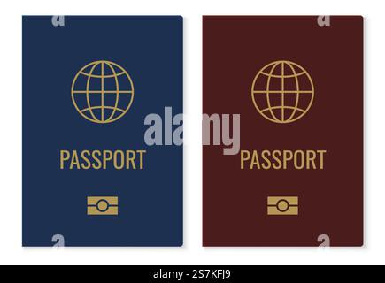 Copertine per passaporto con mappa. Realistico documento di identificazione internazionale rosso e blu, documento d'identità ufficiale cittadino con globo dorato. Vettore isolato su elementi bianchi. Copertine per passaporto con mappa. Realistico documento di identificazione internazionale rosso e blu, ID cittadino con globo dorato. Elementi isolati vettoriali Illustrazione Vettoriale