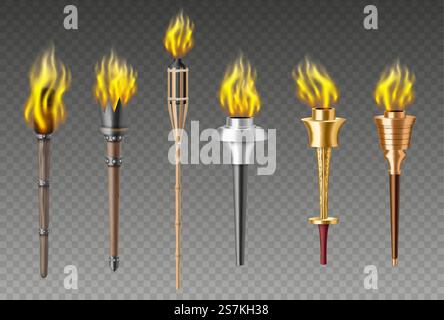 Set fiamma torcia. Giochi olimpici medievali realistici che infiammano la torcia o illuminano flambeau isolato su sfondo trasparente. illustrazione vettoriale realistica 3d. Set fiamma torcia. Realistici giochi olimpici medievali che infiammano la fiaccola o illuminano il flambeau Illustrazione Vettoriale