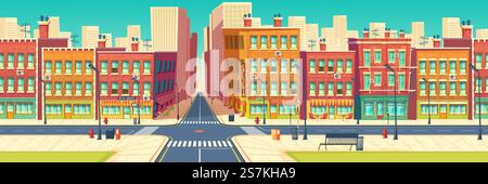 Old Quarter Street, quartiere del centro storico della città nella metropoli moderna vettore di cartoni animati. Attraversamento e attraversamento di strade, caffetteria, ristorante, vetrine di edifici dall'architettura retrò. Via del quartiere vecchio nella moderna metropoli vettoriale Illustrazione Vettoriale