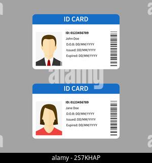 carte d'identità in plastica. Scheda di registrazione personale, patente di guida con foto maschili e femminili, modello di documento d'identità set vettoriale isolato. carte d'identità in plastica. Scheda di registrazione personale, patente di guida con foto maschili e femminili, modello di documento set vettoriale isolato Illustrazione Vettoriale