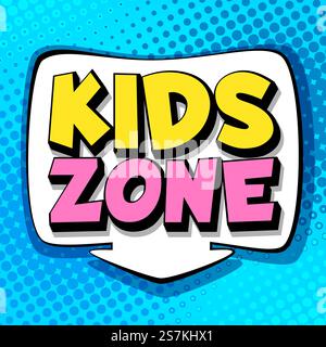 Zona bambini. Simbolo della sala giochi e del parco giochi a scuola o nel parco, colorato design vettoriale isolato con banner a cartoni animati. Zona bambini. Simbolo della sala giochi a scuola o nel parco, colorato e isolato design del banner vettoriale dei cartoni animati Illustrazione Vettoriale