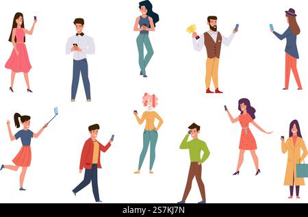 Persone con smartphone. Uomini e donne che parlano al telefono, controllano i messaggi dei social media. Cattura il segnale wi-fi scattando personaggi di cartoni animati con la tecnologia mobile vettoriale. Persone con smartphone. Uomini e donne che parlano al telefono, controllano i messaggi dei social media. Cattura il segnale wi-fi scattando selfie con i personaggi dei cartoni animati Illustrazione Vettoriale