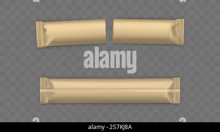 Marrone vuoto, completamente nuovo e usato, strappato in semibustine bastoncini per zucchero, caffè istantaneo o caramelle illustrazione vettoriale realistica 3d isolata su sfondo trasparente. Modello di imballaggio del prodotto. Sacchetti di zucchero nuovi e usati, bastoncini per il mockup vettoriale Illustrazione Vettoriale