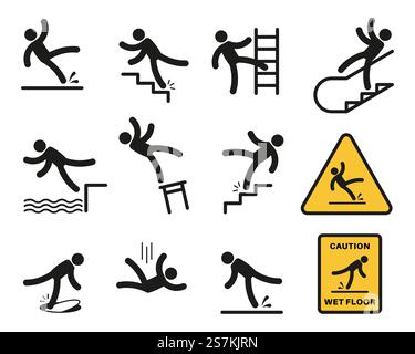 Cadono le persone. Silhouette semplice sbilanciata lesioni alle persone scivolate sul pavimento bagnato, inciampate. Caduta dall'altitudine, discesa delle scale e oltre il bordo, pericolo, segnaletica di pericolo isolato. Cadono le persone. Silhouette semplice persone infortunate scivolando sul pavimento bagnato, inciampando. Caduta dall'altitudine, discesa dalle scale e oltre il bordo, pericolo, segnaletica di pericolo Illustrazione Vettoriale