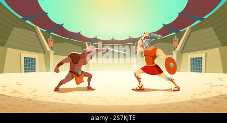 Gladiatori che combattono con i barbari nell'arena del colosseo, antico guerriero spartano corazzato romano e brughiere dalla pelle scura combattono con spade, soldato greco con battaglia a scudo. Illustrazione vettoriale cartoni animati. Gladiatori combattono con i barbari nell'arena del colosseo Illustrazione Vettoriale