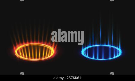 Set di cerchi con effetto ologramma vs. Rispetto ai raggi luminosi blu e rossi al neon con scintille, combattimenti hud o piedistalli da competizione. Portali magici o teletrasporti. Illustrazione vettoriale 3d realistica. Rispetto alla scena notturna dei raggi luminosi blu e rossi al neon Illustrazione Vettoriale