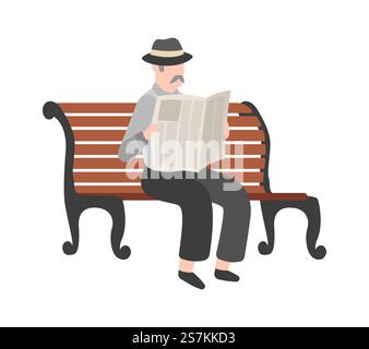 Vecchi che leggono giornali all'aperto, nonno con baffi in cappello e tuta siede sulla panchina, gentiluomo che cammina nel parco. Carattere cartoni animati isolato vettoriale piatto. Vecchi che leggono giornali all'aperto, nonno con baffi in cappello seduto sulla panchina, gentiluomo che cammina nel parco. Carattere di cartone animato vettoriale piatto Illustrazione Vettoriale