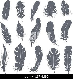 Silhouette piume. Diversi uccelli piumati, forme semplici grafiche pennano elementi decorativi, elegante set nero con ali a pennacchio vintage isolato vettoriale. Silhouette piume. Diversi uccelli piumati, forme semplici grafiche pennano elementi decorativi, elegante set vettoriale di ali a pennacchio nero Illustrazione Vettoriale