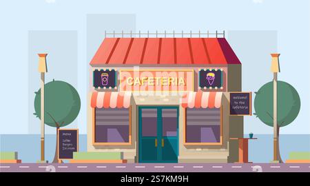 Caffetteria sulla strada o edificio di caffetteria sulla strada con banner con menu', insegne luminose al neon e tavolo all'aperto a lato della strada durante il giorno. Caffetteria per persone che viaggiano in auto. Illustrazione vettoriale cartoni animati. Caffetteria sul lato della strada o edificio caffetteria sulla strada con menu' Illustrazione Vettoriale