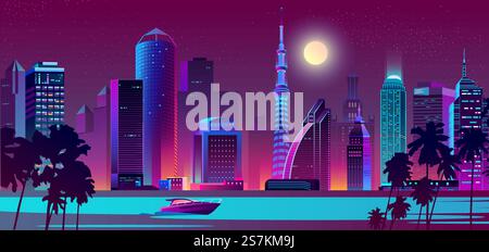 Sfondo vettoriale con città notturna in neon, colori ultravioletti con nave sull'acqua. Fiume luminoso con barca e luna piena sopra gli edifici. Grattacieli con palme, concetto urbano. Sfondo moderno di megapolis. Città notturna vettoriale sul fiume con barca Illustrazione Vettoriale
